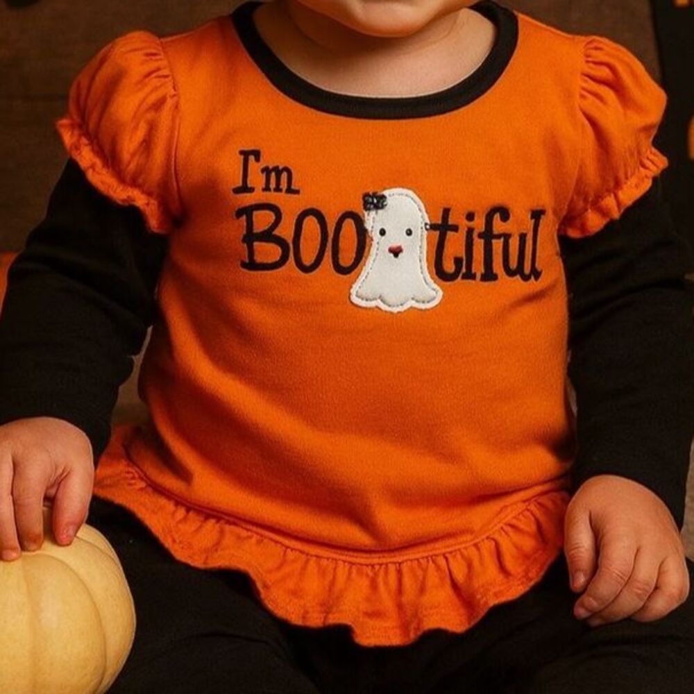 Okie Dokie Girls 24M Halloween Shirt I’m BOOtiful Ghost Orange Ruffle Top